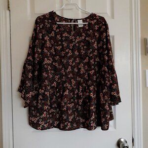 Time and Tru Women's XXL (20) Black Floral Tiered Peplum 3/4 Bell Sleeve Blouse
